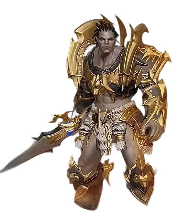 Een woeste, gepantserde krijger met een zwaard staat naast een groot middeleeuws fort