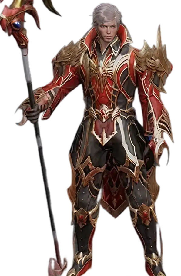 Links verschijnt een fantasiefiguur in een sierlijk rood en goudkleurig harnas, met een staf in de hand. Rechts staan de personageklassen vermeld: Warrior, Rogue, Mystic