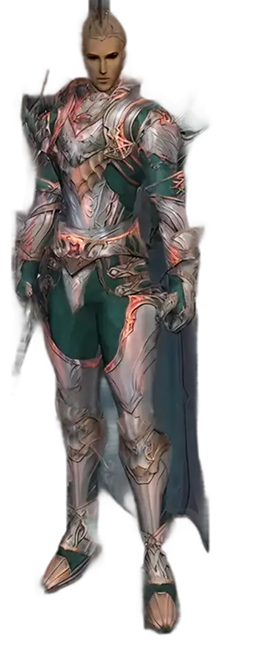 Een personage in sierlijk zilveren en blauwgroen harnas met ingewikkelde ontwerpen en spikes, met een zwaard in de hand. De uitdrukking is ernstig. De zwarte achtergrond zorgt voor extra focus