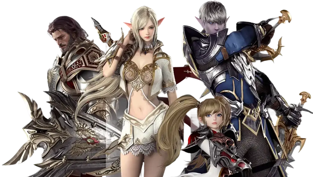 Fantasy-spelpersonages staan klaar voor de strijd met uitgebreide wapenrustingen en wapens tegen een donkere achtergrond. De tekst luidt: “Lineage 2