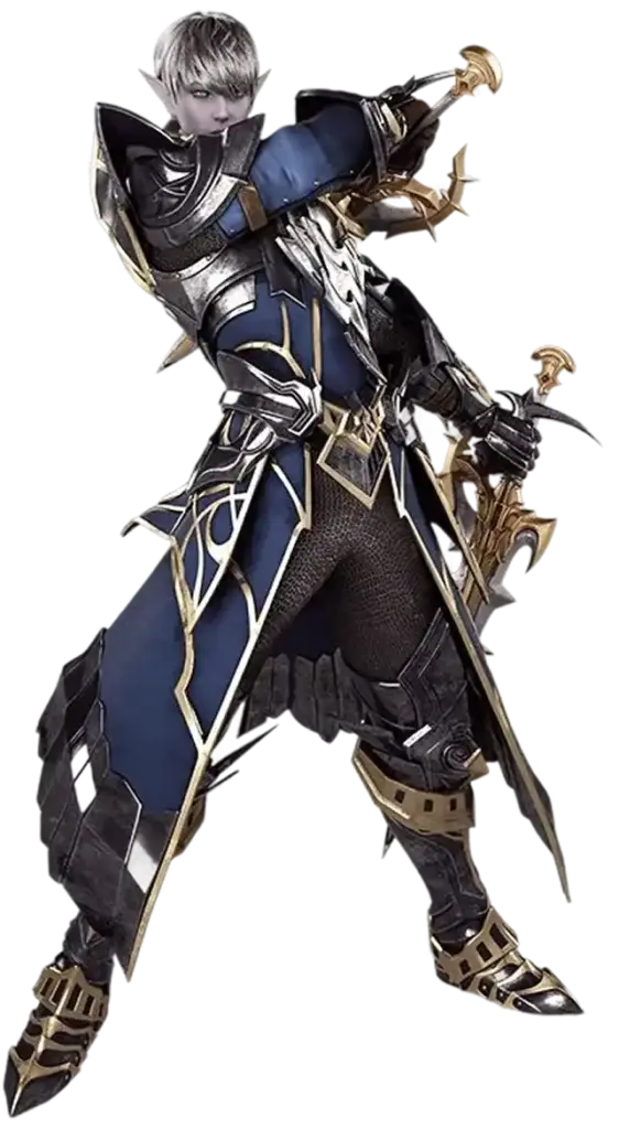 Een elf-krijger in een gedetailleerd blauw en goud harnas staat klaar met een kruisboog, en straalt een vastberaden houding uit. Zijn zilveren haar en puntige oren accentueren zijn mystieke uiterlijk