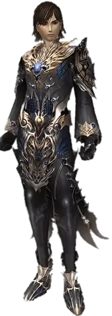 Een krachtige krijger in sierlijk goud en zilver harnas houdt een groot wapen met een scherp lemmet boven zijn schouder. Zijn gezichtsuitdrukking straalt kracht en paraatheid uit