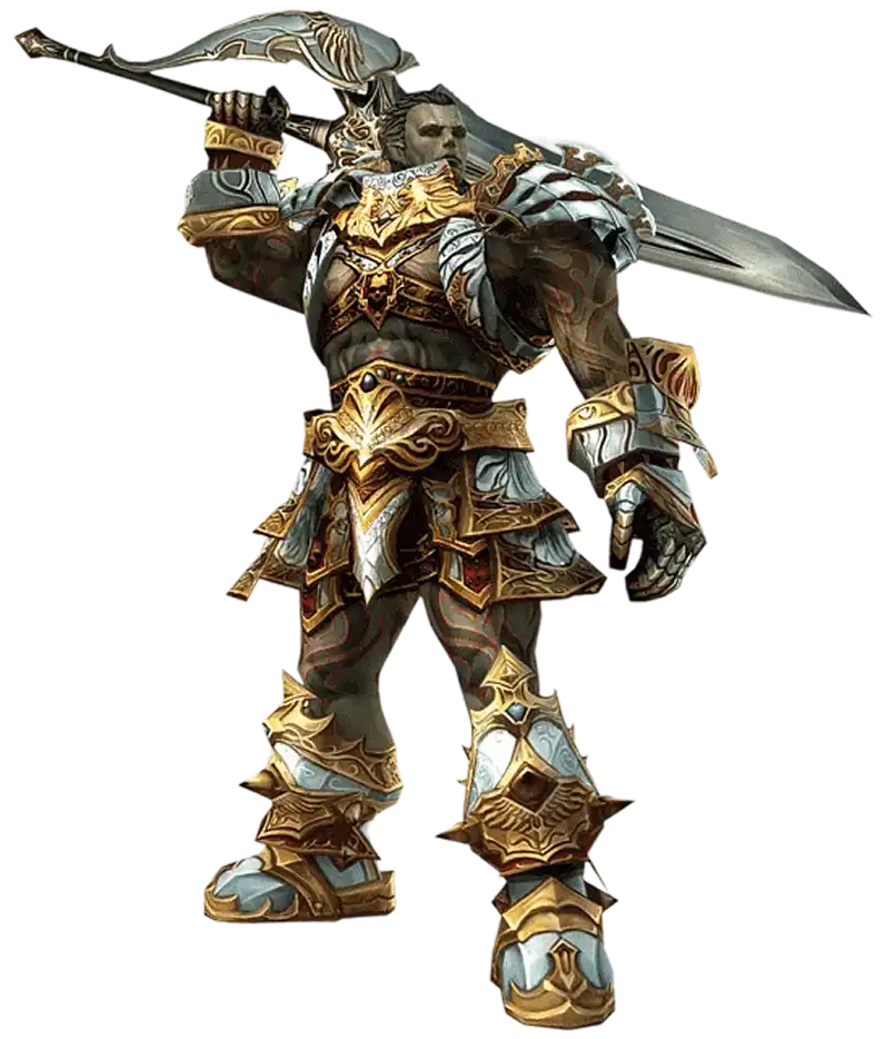 Een elf-krijger in een gedetailleerd blauw en goud harnas staat klaar met een kruisboog, en straalt een vastberaden houding uit. Zijn zilveren haar en puntige oren accentueren zijn mystieke uiterlijk