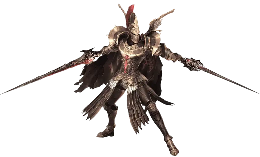 Een donkere ridder in een sierlijk, puntig harnas met een gehoornde helm en een rode pluim, die twee lange, scherpe zwaarden vasthoudt in een agressieve houding